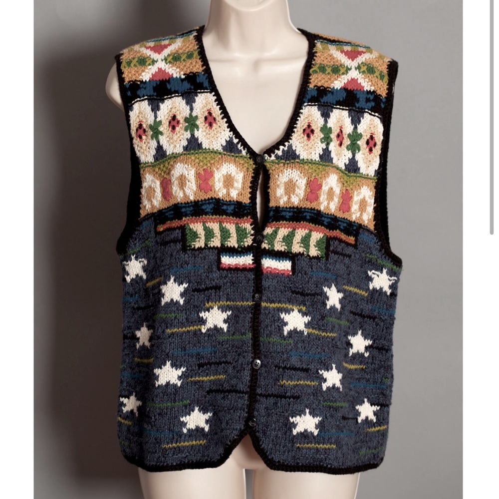 Susan Bristol Vintage hand knit embroidery patriotic novelty vest 1998 sz M